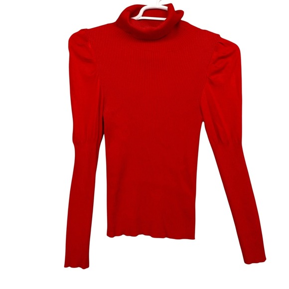 Anthropologie Red Ribbed Turtleneck Puff Shoulder Sweater Medium Long Sleeve - Picture 5 of 13